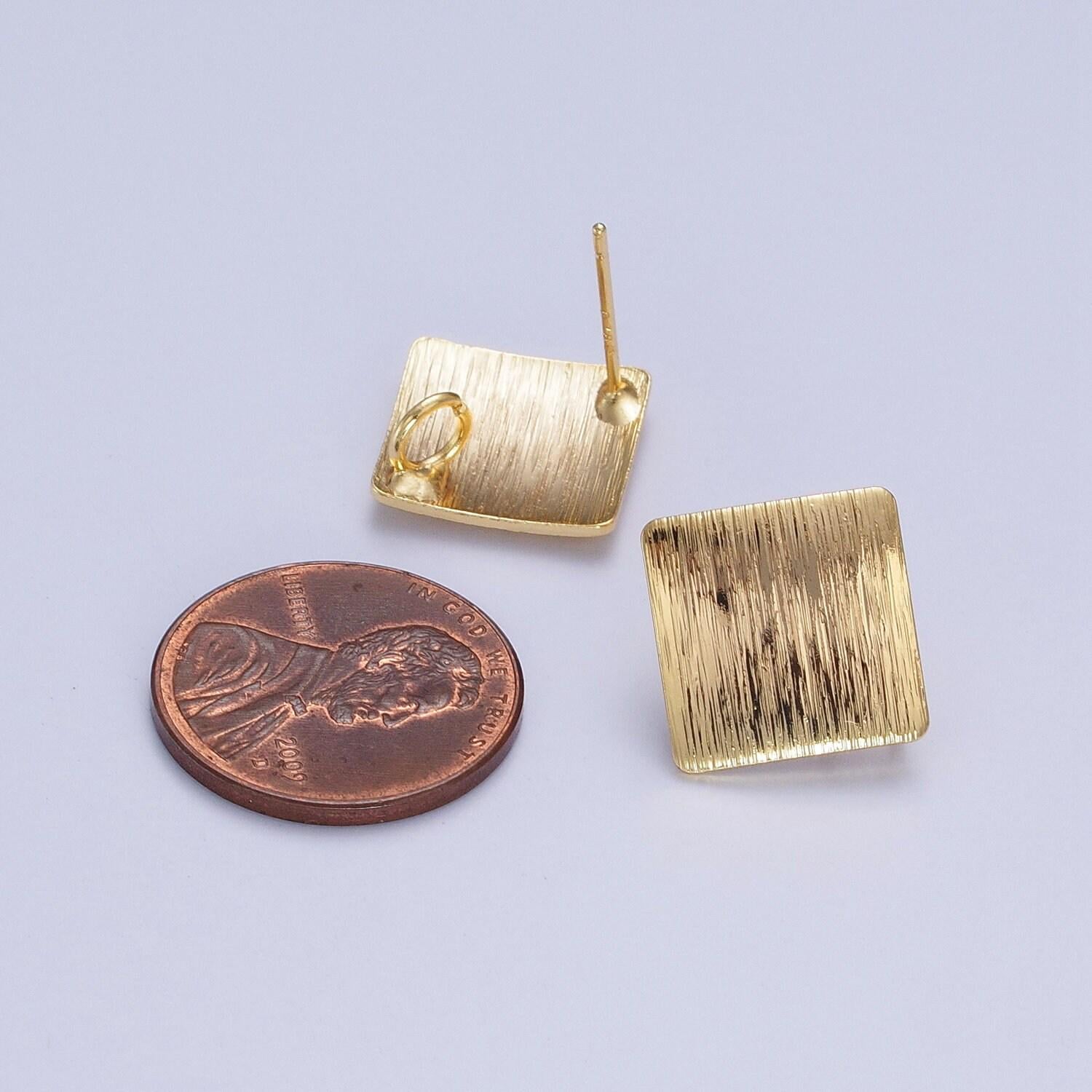 24k shiny gold plated brushed metal rhombus earring post with loop, gold geometric stud earrings gold plated findings z081