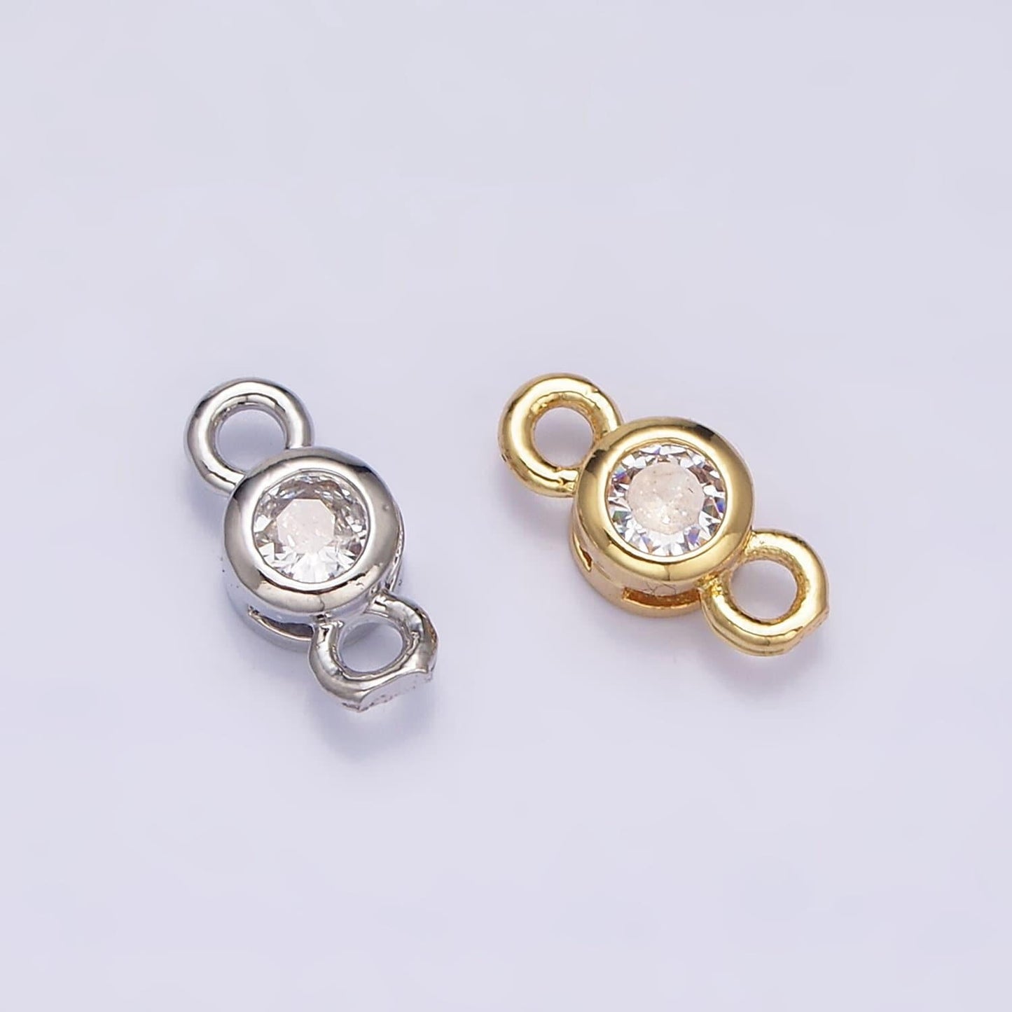 Mini bezel cut charm connector 5.5mm, 4.2mm clear cz bezel round connector in gold & silver | y-894 y-895