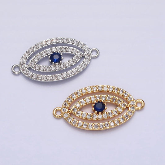Gold plated, silver plated blue evil eye oval micro paved cz link connector | y-866
