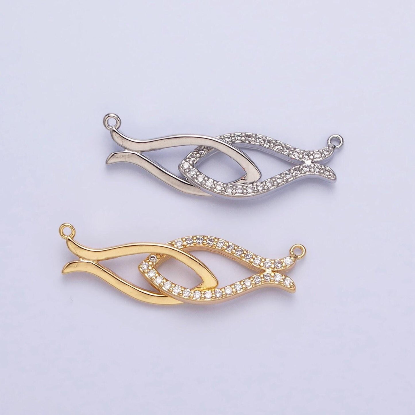 Gold, silver double fish-shaped linked micro paved cz geometric connector infinity love bracelet necklace charm connector | y-807