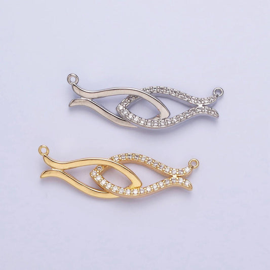 Gold, silver double fish-shaped linked micro paved cz geometric connector infinity love bracelet necklace charm connector | y-807