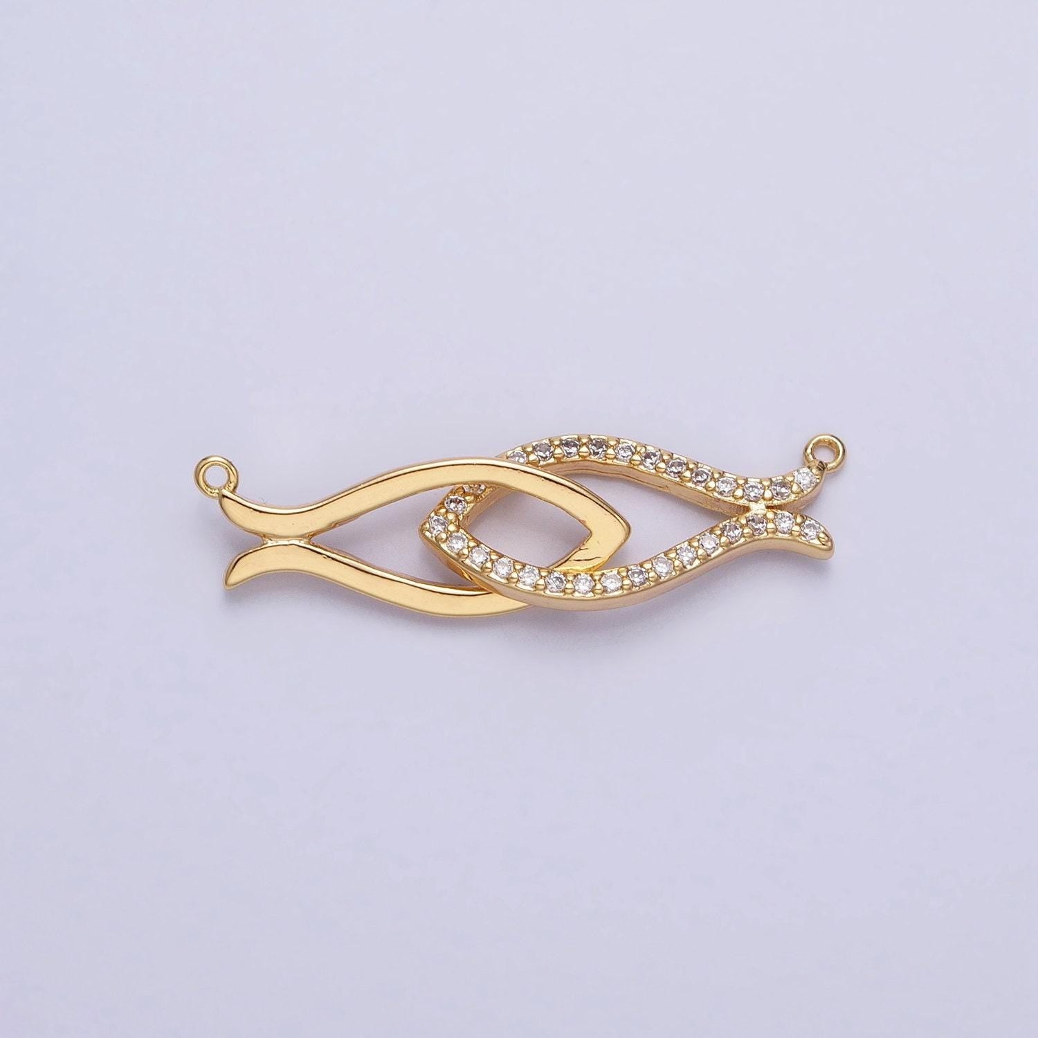 Gold, silver double fish-shaped linked micro paved cz geometric connector infinity love bracelet necklace charm connector | y-807