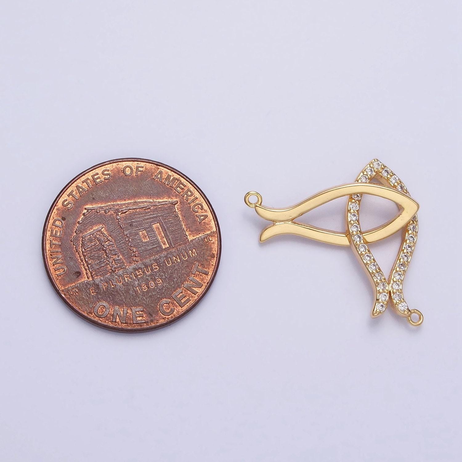 Gold, silver double fish-shaped linked micro paved cz geometric connector infinity love bracelet necklace charm connector | y-807