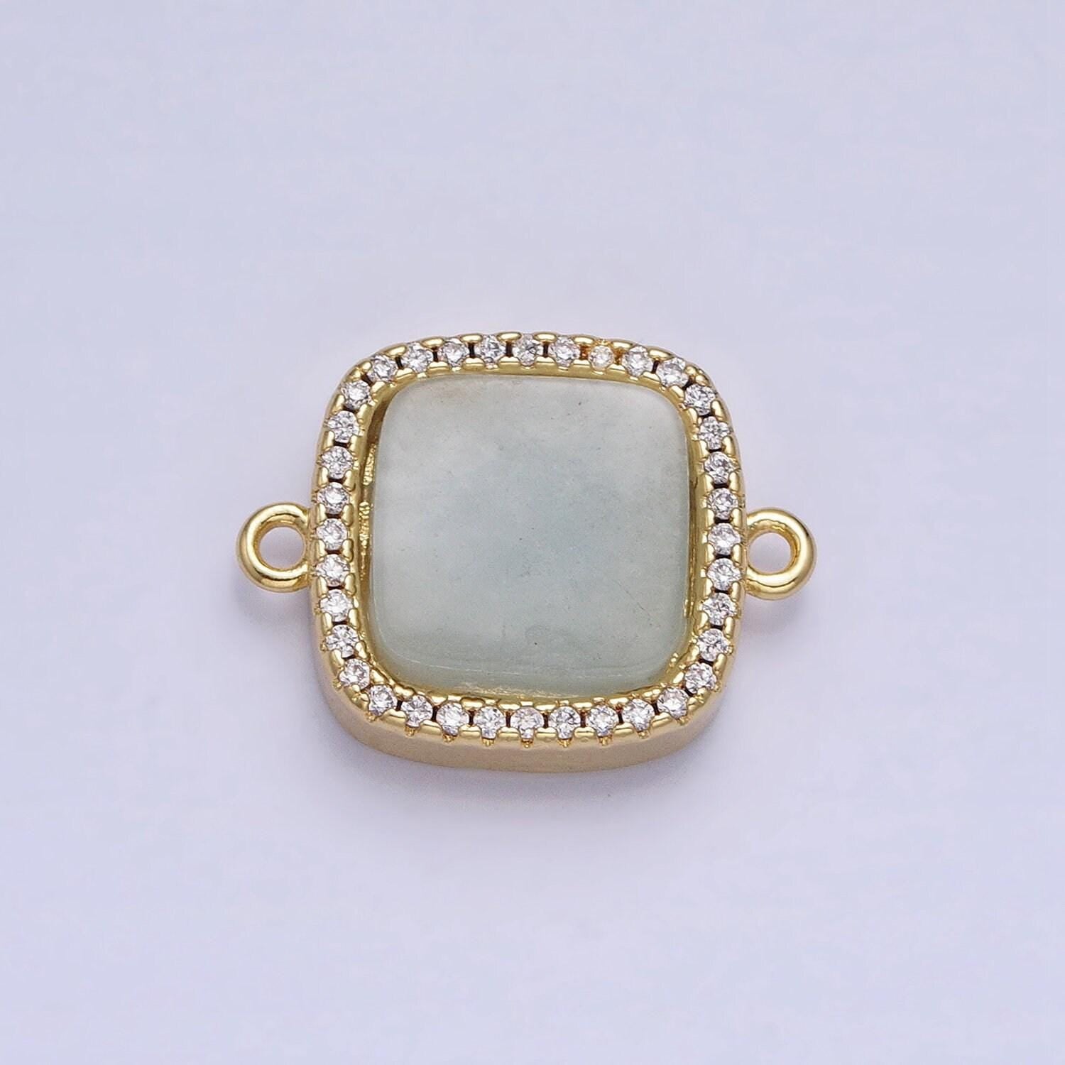 24k gold filled natural gemstone rose quartz, blue agate, amethyst micro paved cz flat square connector | y-801~y-802