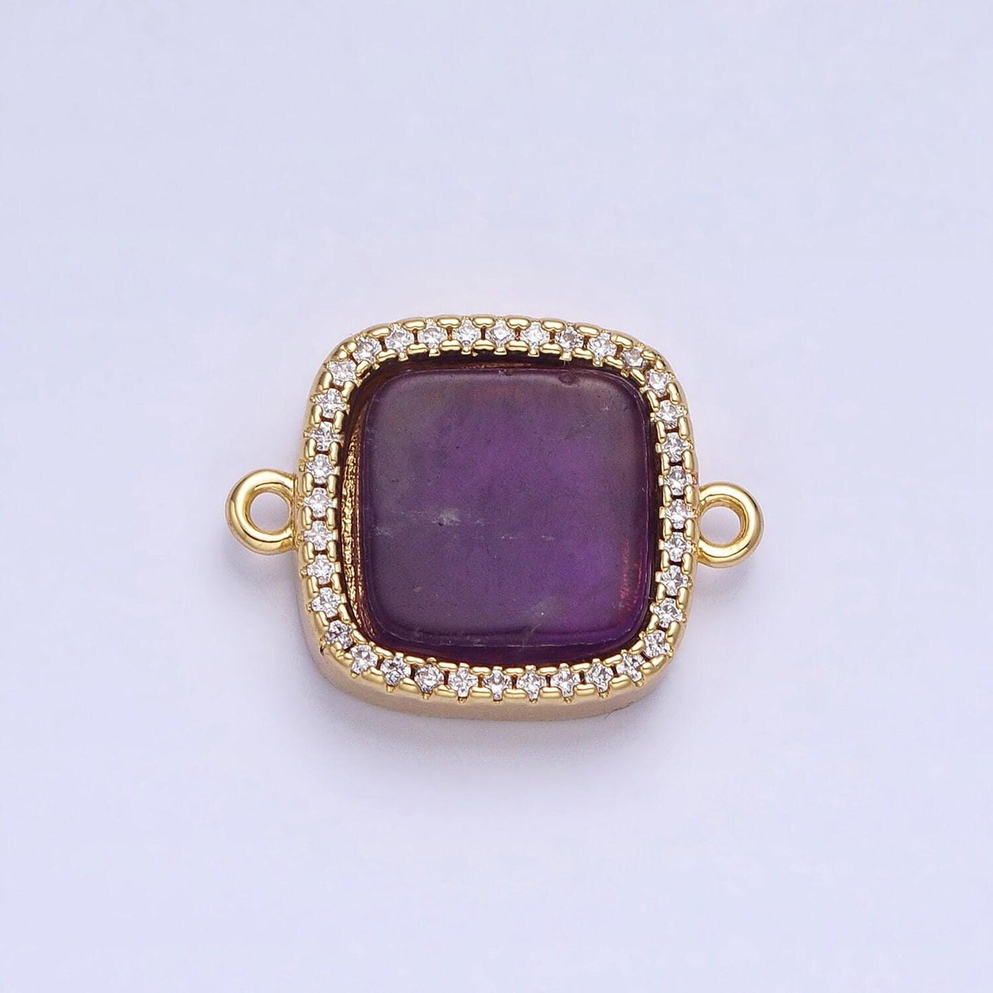 24k gold filled natural gemstone rose quartz, blue agate, amethyst micro paved cz flat square connector | y-801~y-802