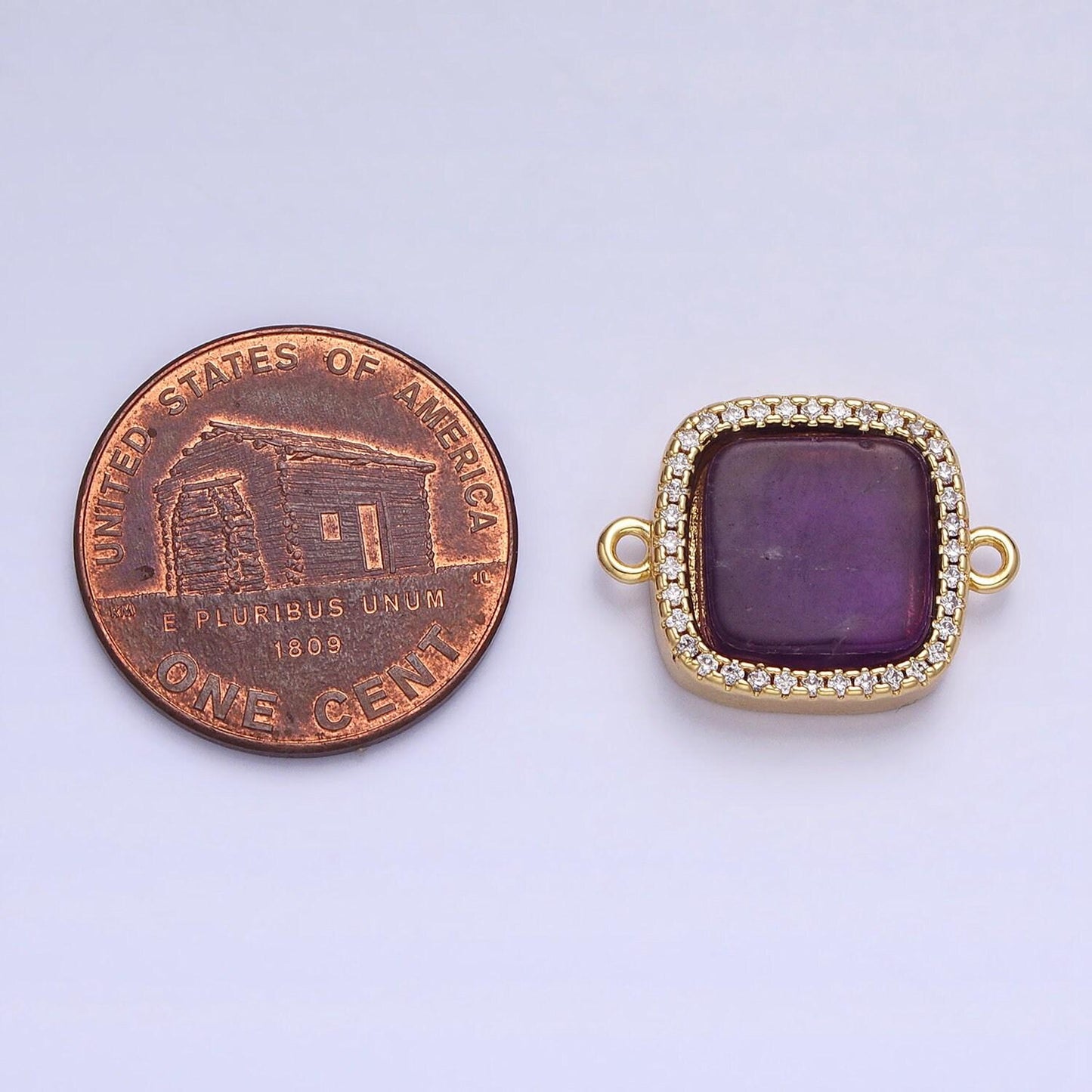 24k gold filled natural gemstone rose quartz, blue agate, amethyst micro paved cz flat square connector | y-801~y-802
