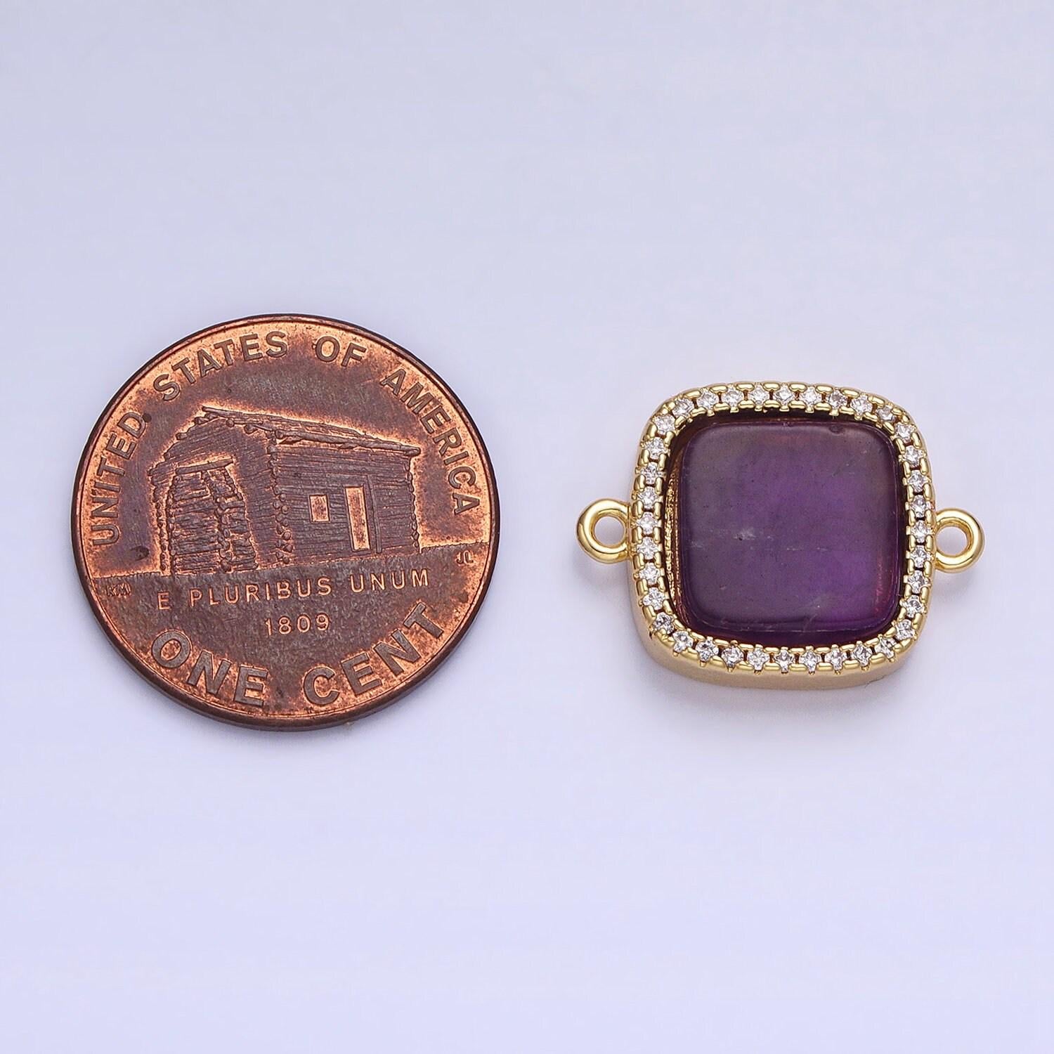 24k gold filled natural gemstone rose quartz, blue agate, amethyst micro paved cz flat square connector | y-801~y-802