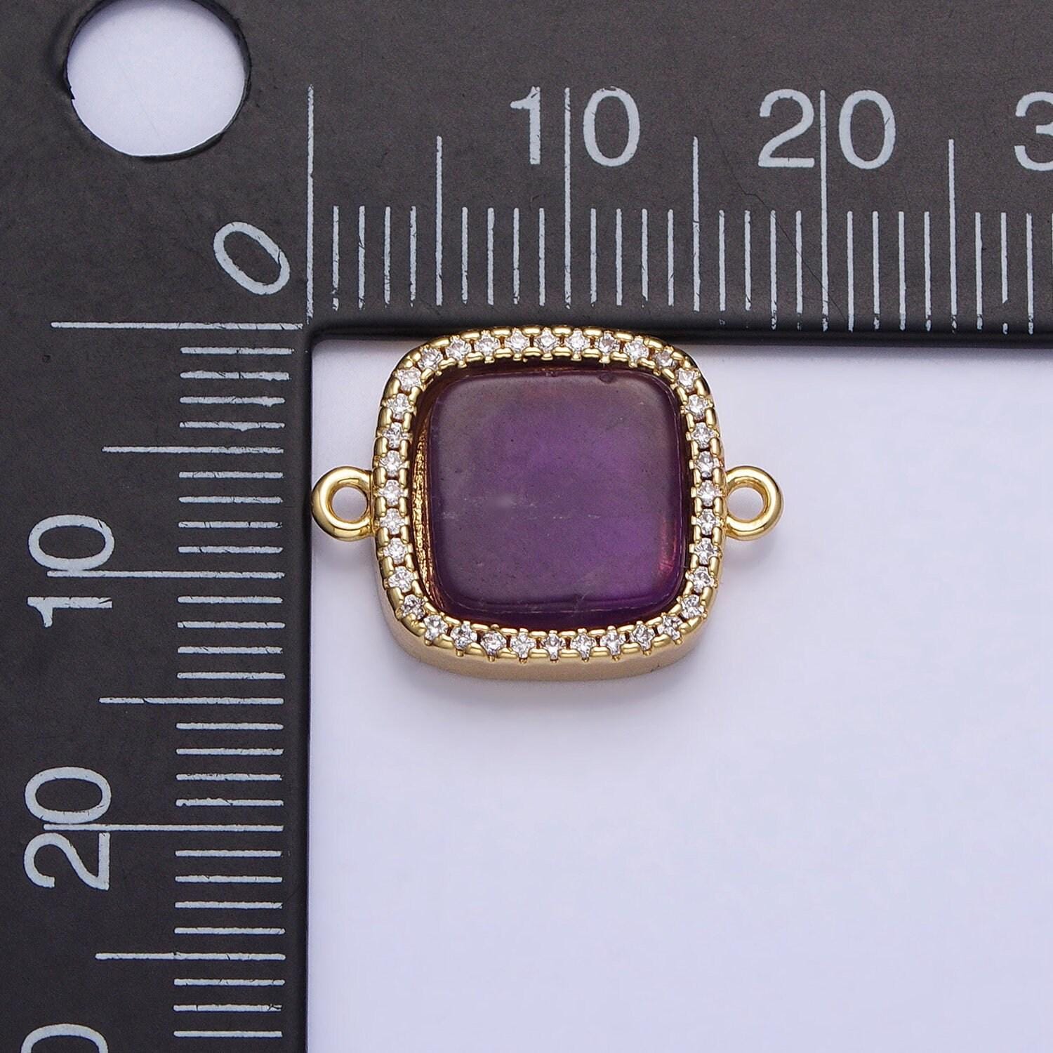 24k gold filled natural gemstone rose quartz, blue agate, amethyst micro paved cz flat square connector | y-801~y-802