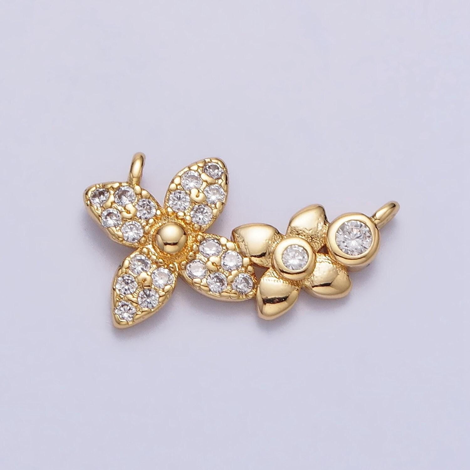 Gold micro paved round cubic zirconia flower link connector | f785