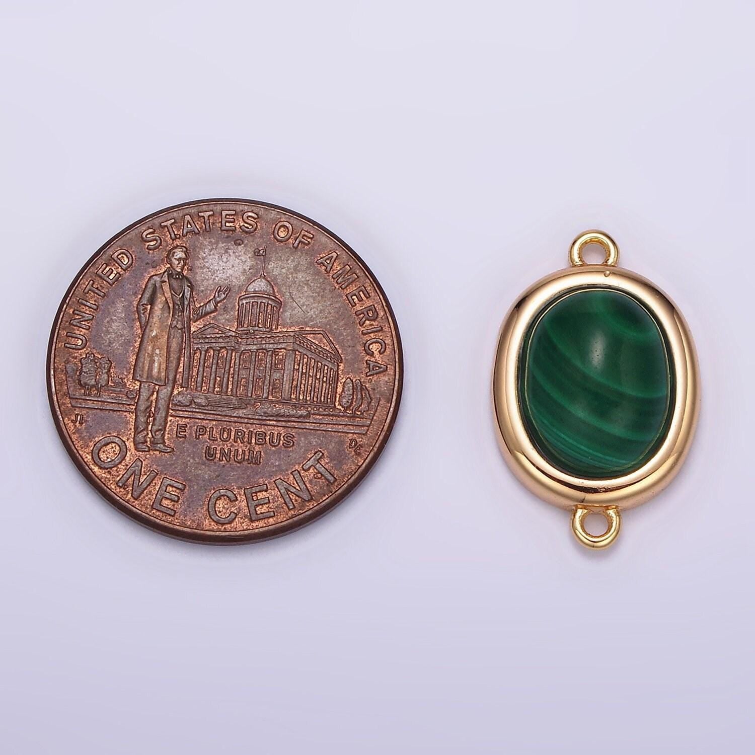 16k gold filled 11mm, 10mm green malachite cabochon bezel connector | y762