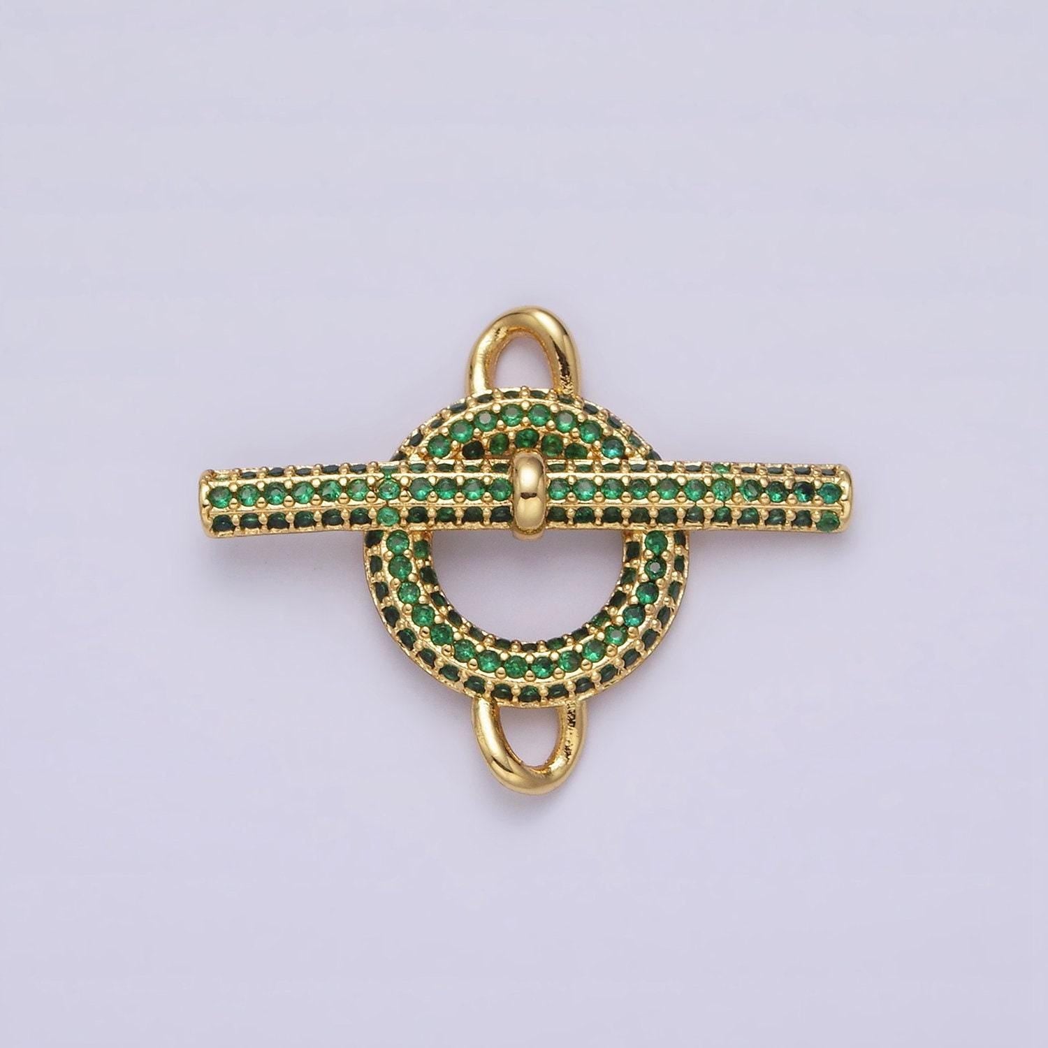 Round circular toggle clasp connector, 14k gold plated green micro pave cz toggle clasp inspired end clasp for bracelet closure | y-734