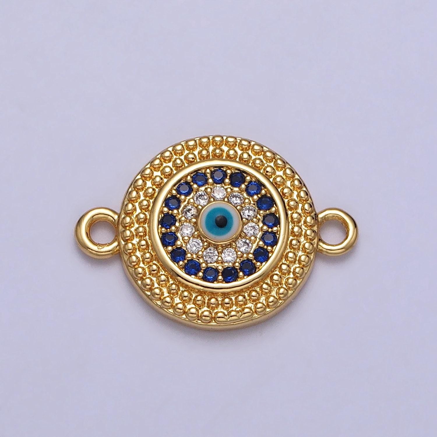 Gold round evil eye connector charms for jewelry making supplies, amulet bracelet link connector round zirconia y-707