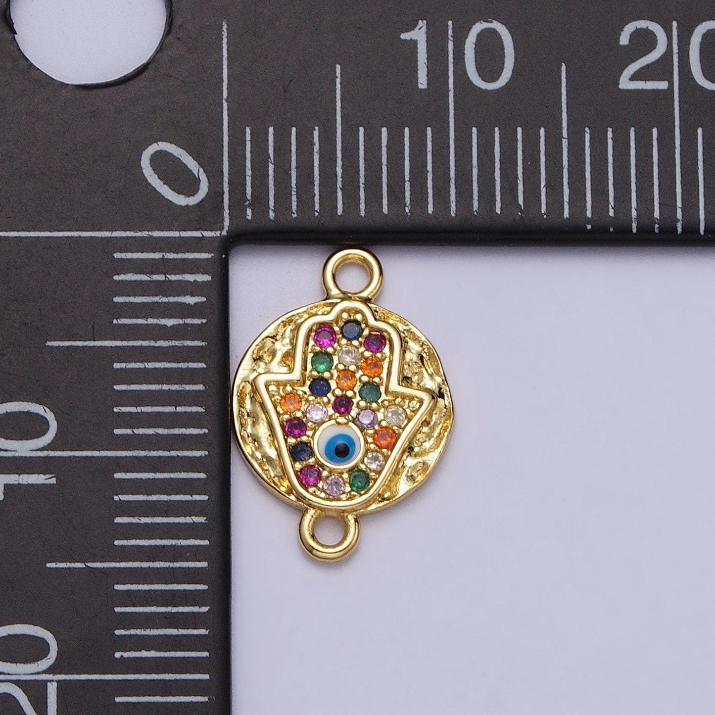 Small round hammered evil eye multicolor micro paved cz gold link connector | y669