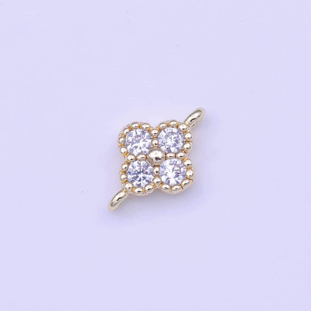 Tiny gold four-leaf floral charm connector micro pave cz for bracelet necklace flower florette jewelry finding | y-651