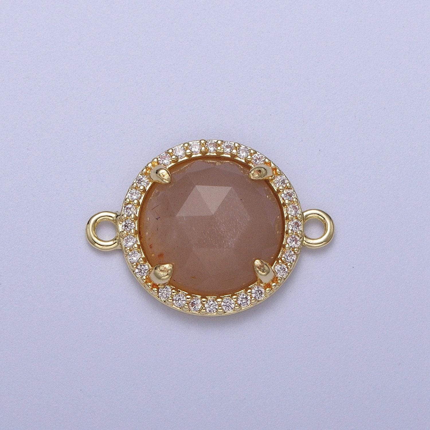 Micro paved multifaceted natural stone round charm connector double bail link connector for bracelet component | y638 - y644