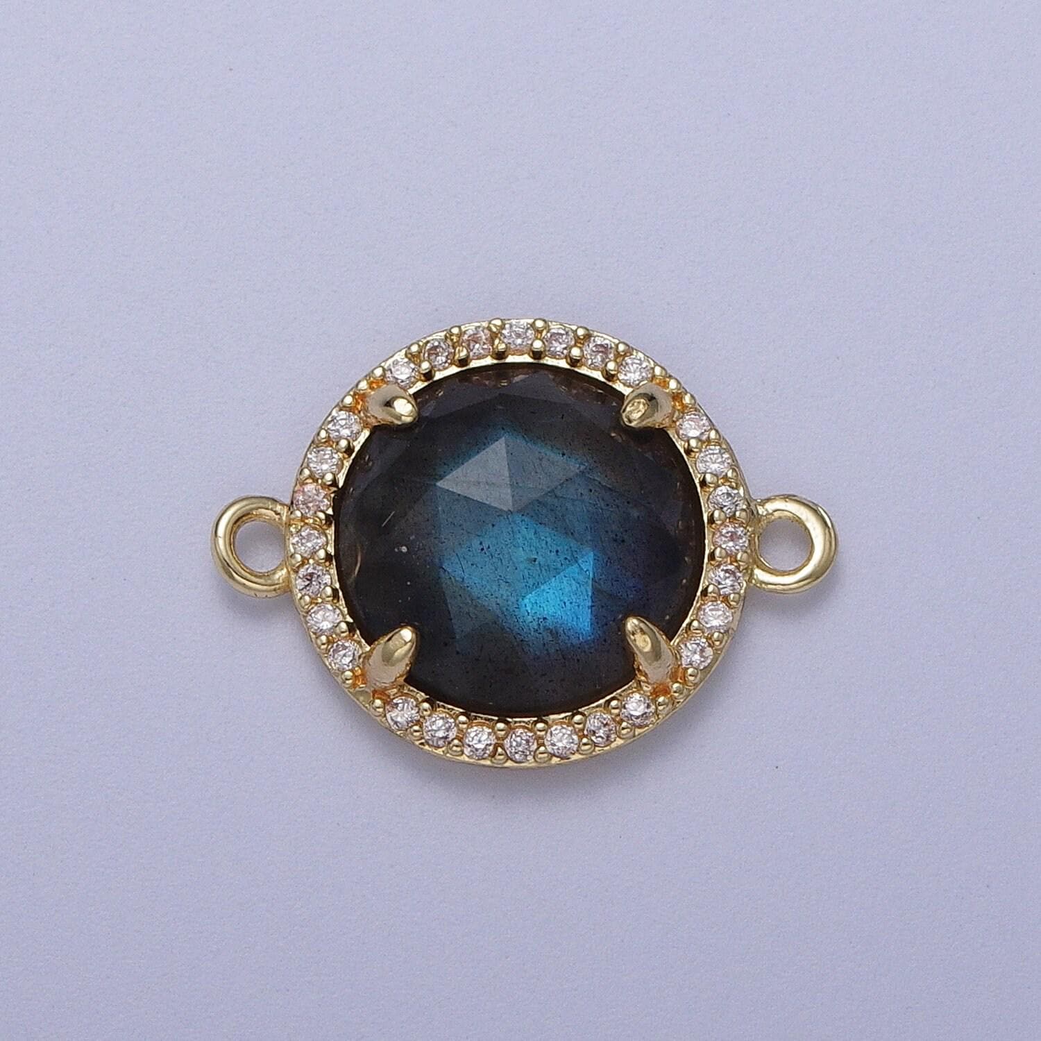 Micro paved multifaceted natural stone round charm connector double bail link connector for bracelet component | y638 - y644