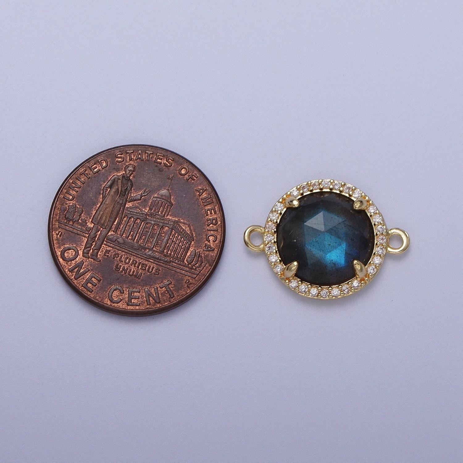 Micro paved multifaceted natural stone round charm connector double bail link connector for bracelet component | y638 - y644