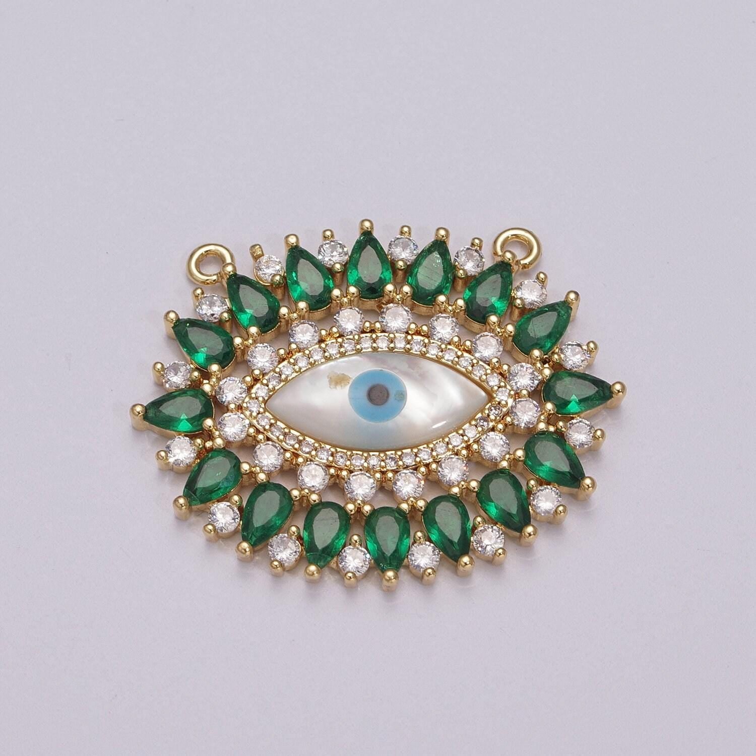 Gold evil eye cz micro pave connector, pearl micro pave eye bracelet connector, diamond eye micro pave connector, y-384