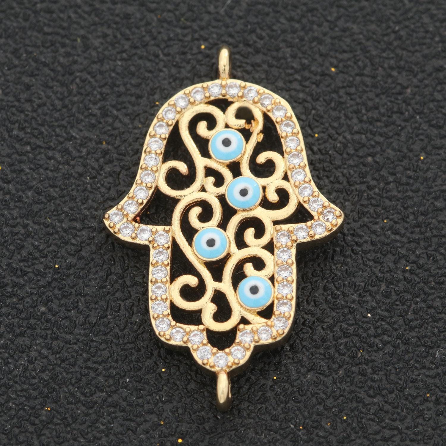 18k gold filled micro pave cz hamsa hand charm connector link evil eye earring bracelet connector for supply diy jewelry y-368