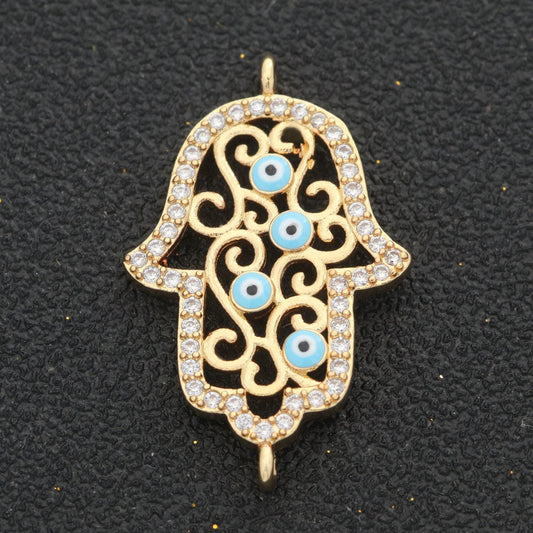 18k gold filled micro pave cz hamsa hand charm connector link evil eye earring bracelet connector for supply diy jewelry y-368