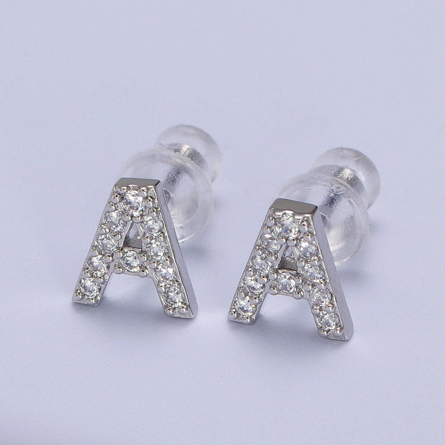 1 pair cubic zirconia tiny initial stud earring in silver, personalized alphabet letter earring, birthday christmas gift for her