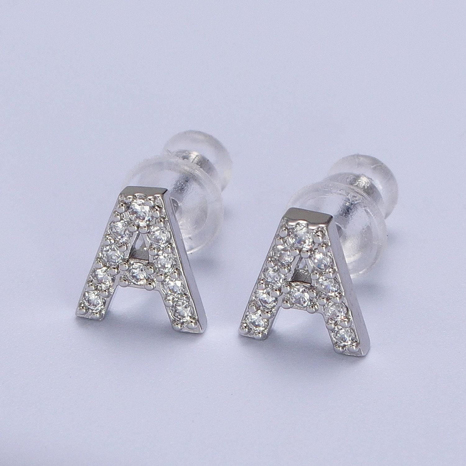 1 pair cubic zirconia tiny initial stud earring in silver, personalized alphabet letter earring, birthday christmas gift for her