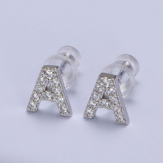1 pair cubic zirconia tiny initial stud earring in silver, personalized alphabet letter earring, birthday christmas gift for her