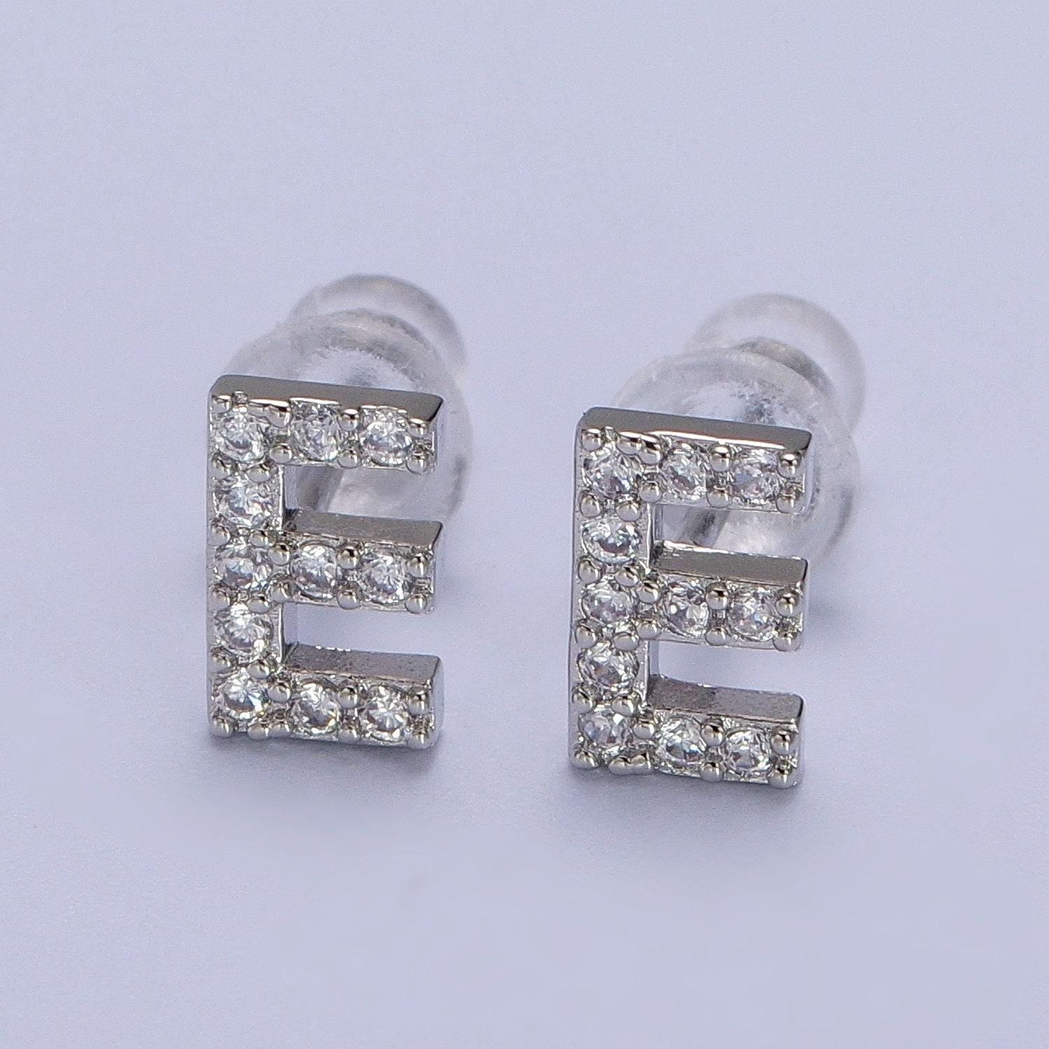 1 pair cubic zirconia tiny initial stud earring in silver, personalized alphabet letter earring, birthday christmas gift for her