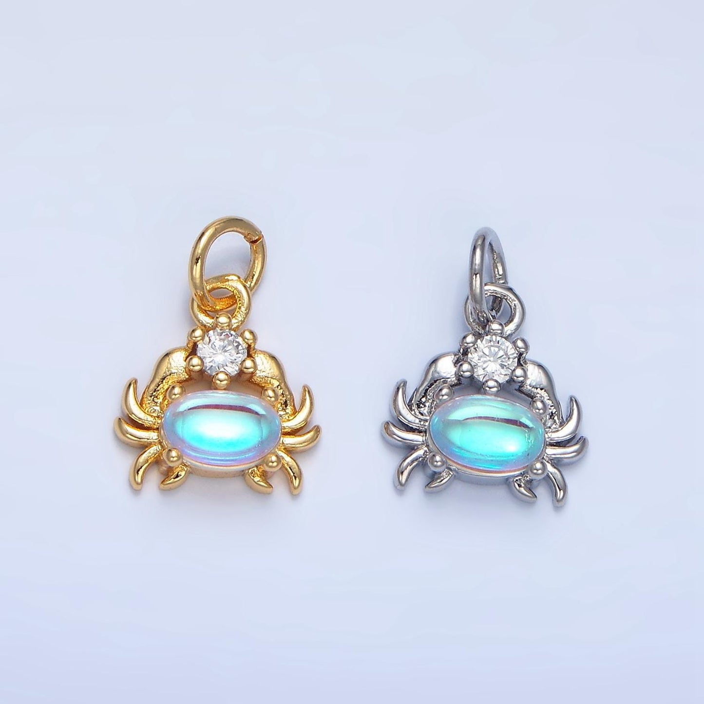 Cz blue opal gemstone crab sea animal 24k gold filled charm in gold & silver | x-878