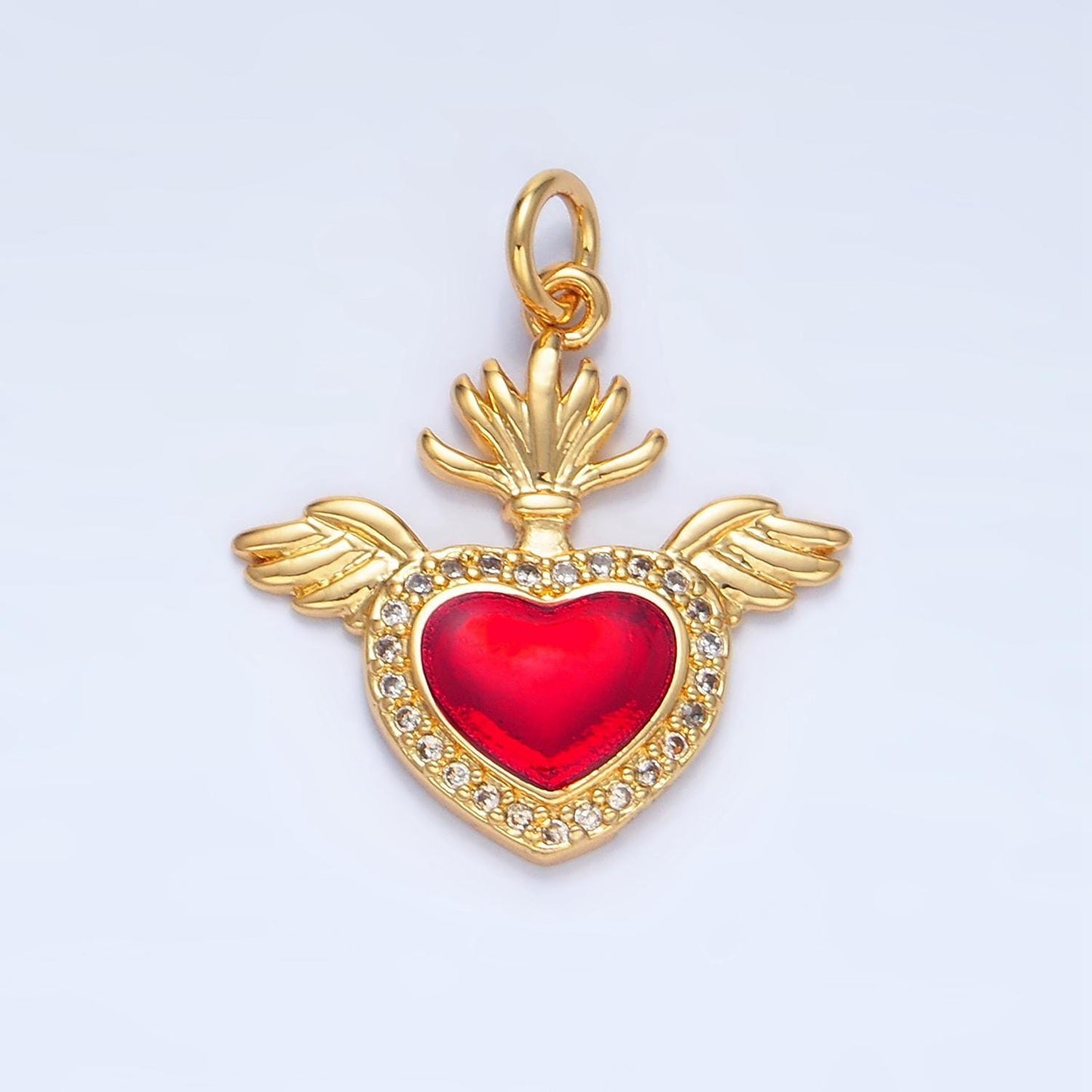 Cz micro paved red heart angel wings 24k gold filled charm | x-866