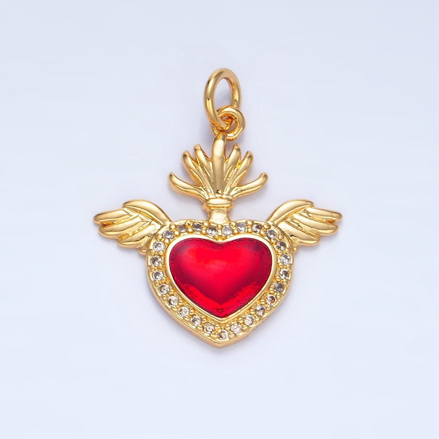 Cz micro paved red heart angel wings 24k gold filled charm | x-866