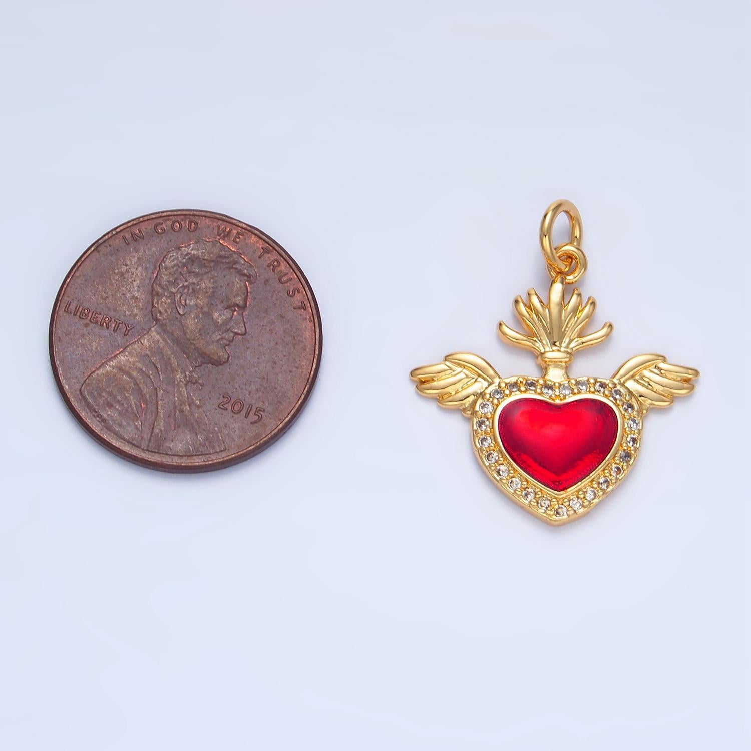 Cz micro paved red heart angel wings 24k gold filled charm | x-866