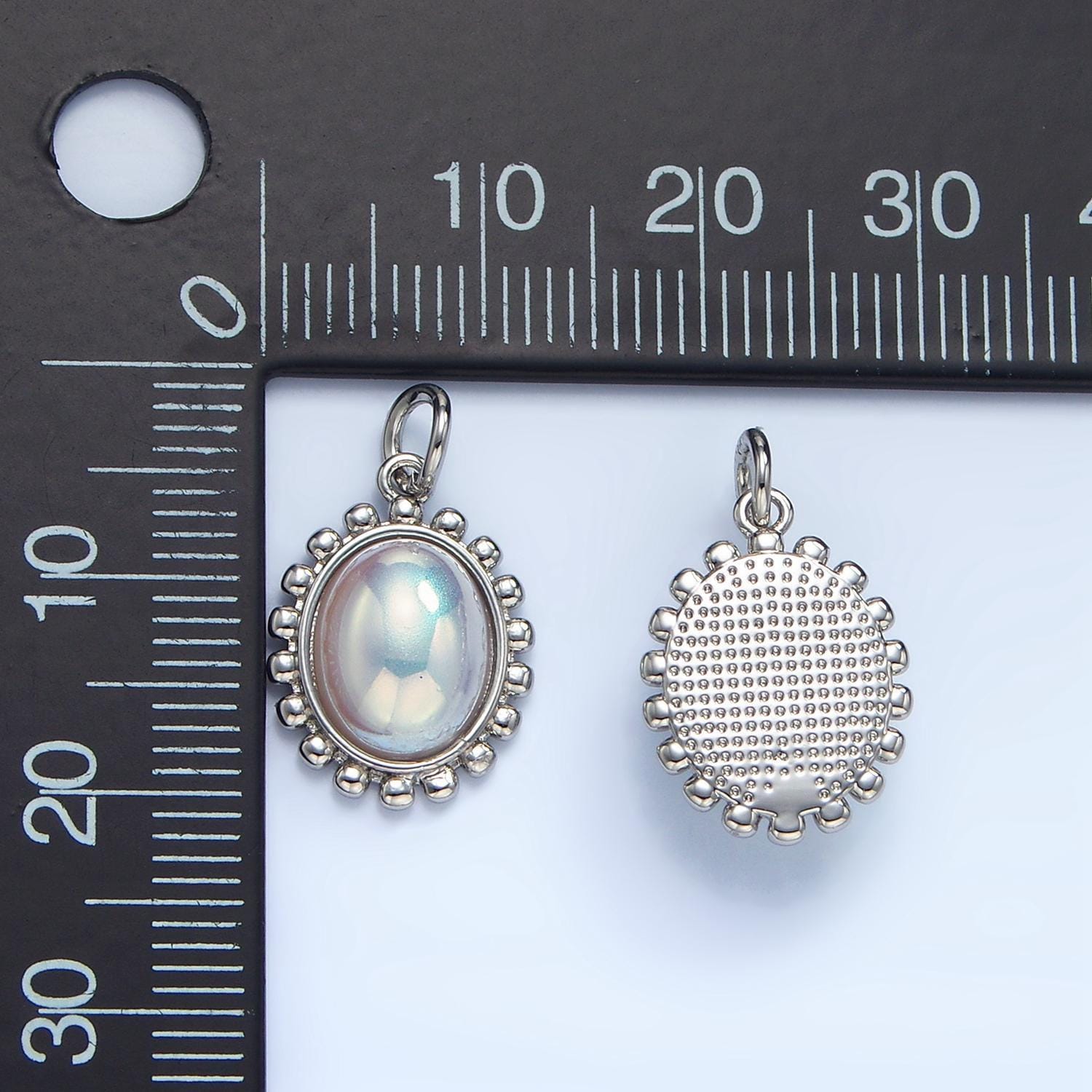 Oval rough blue moonstone white gold filled charm | x-862