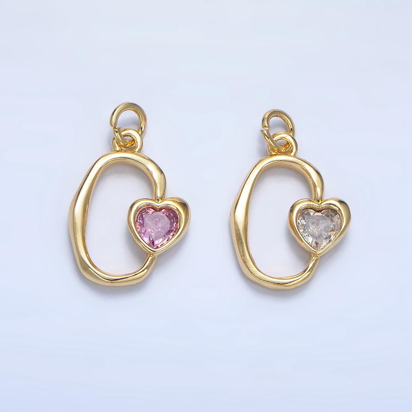 Clear, pink cz molted open oval heart 24k gold filled charm | x-856