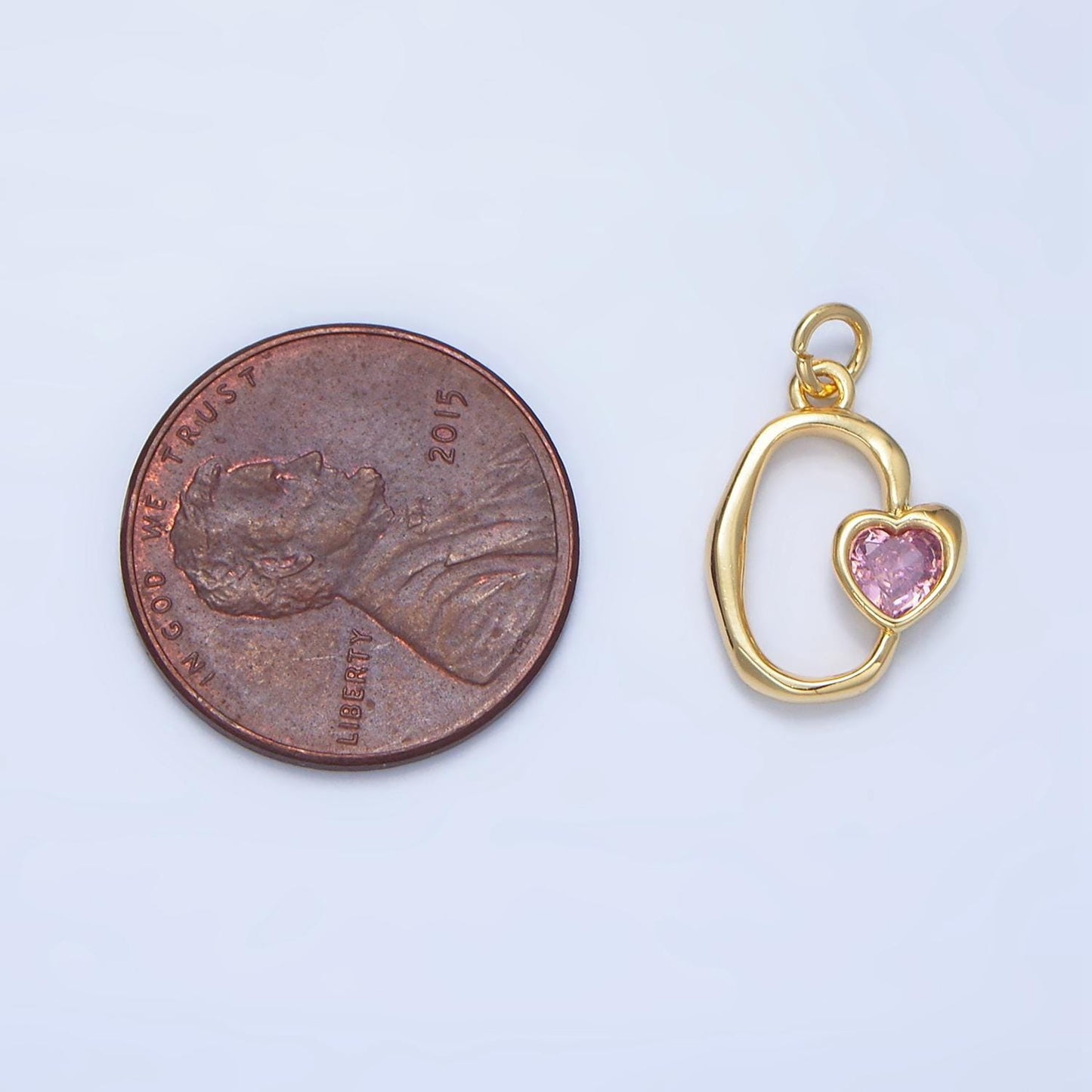 Clear, pink cz molted open oval heart 24k gold filled charm | x-856
