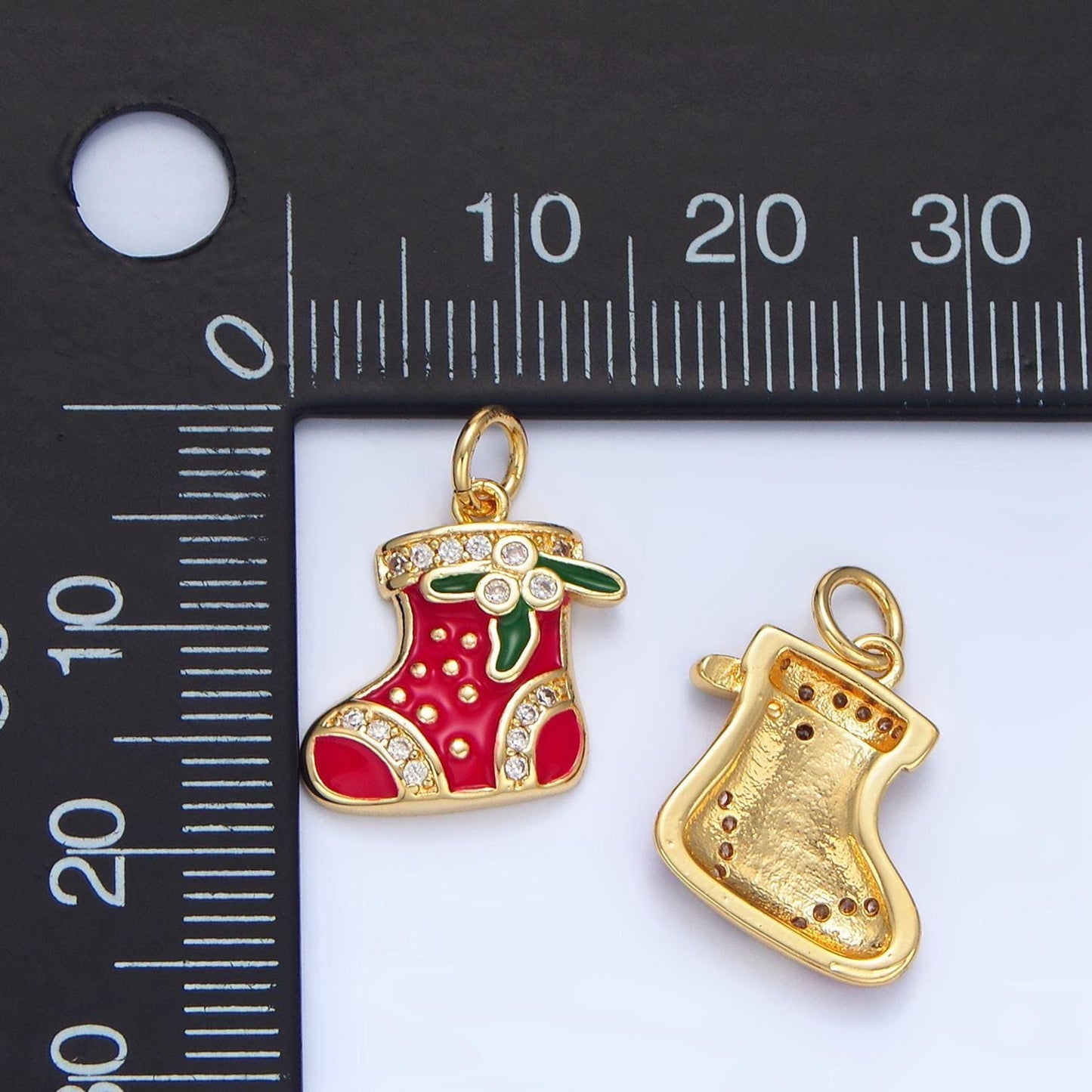 Red sock stocking micro paved cz, 24k gold filled christmas charm | x-843