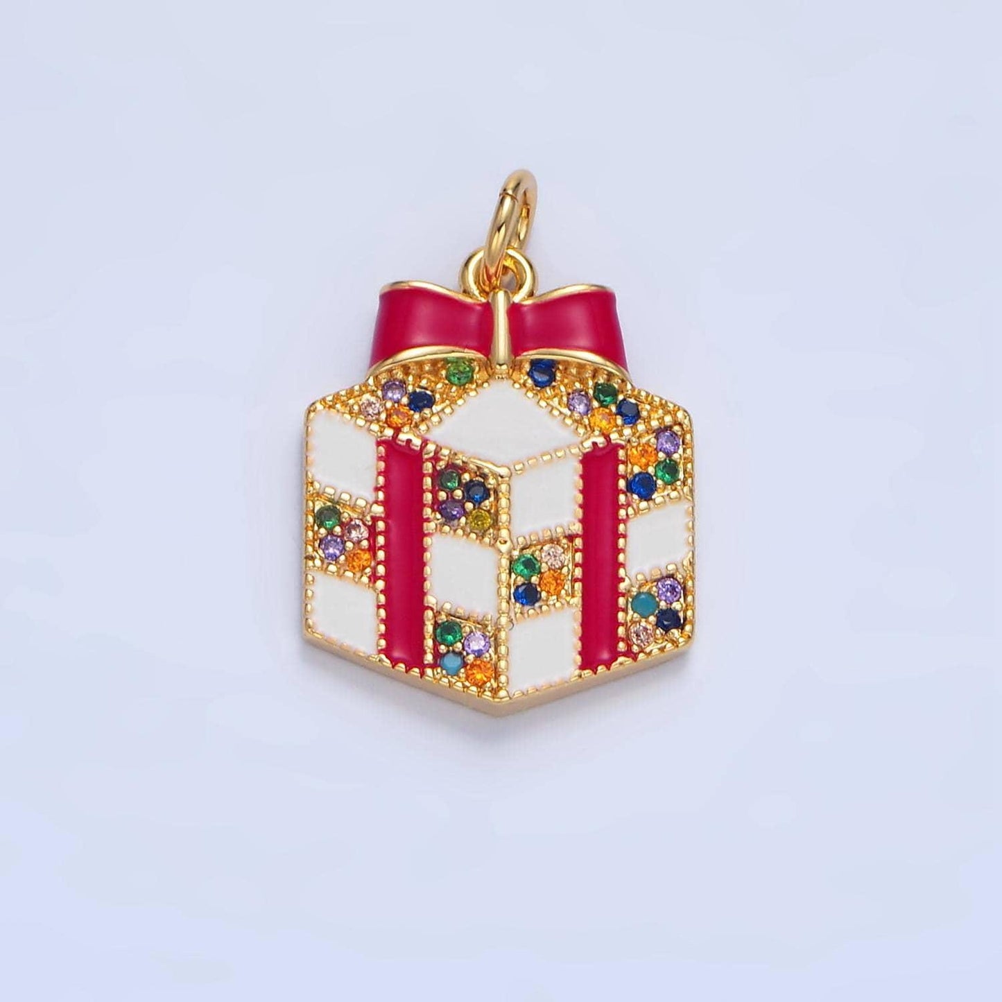 Dainty red enamel christmas presents charm colorful micro paved cz, gold filled holiday charms | x-842