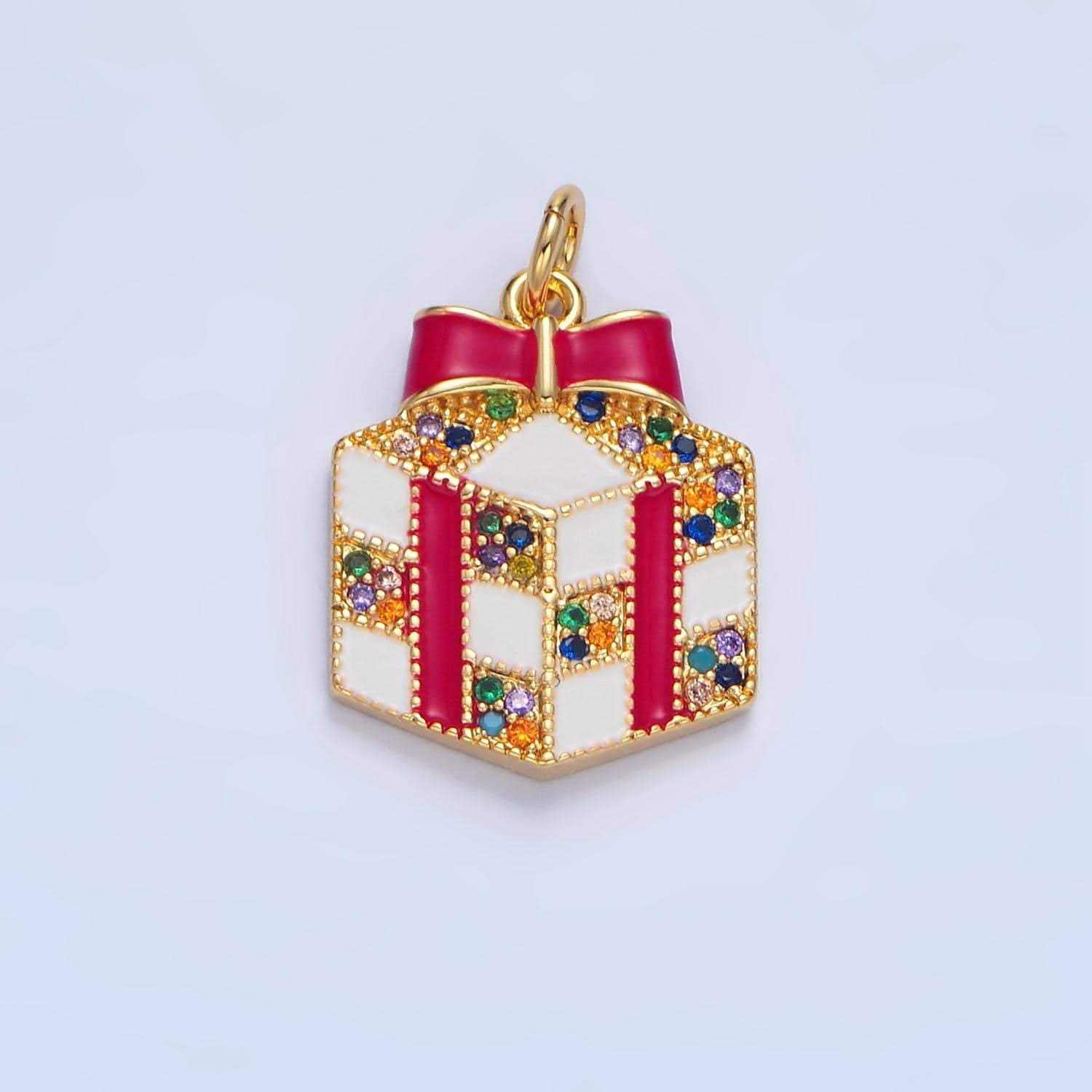 Dainty red enamel christmas presents charm colorful micro paved cz, gold filled holiday charms | x-842