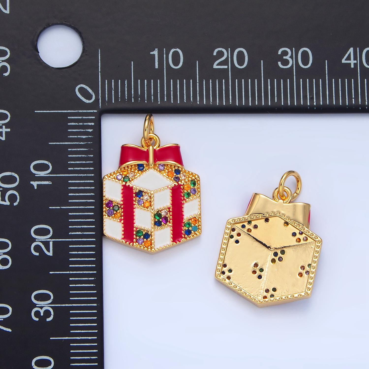 Dainty red enamel christmas presents charm colorful micro paved cz, gold filled holiday charms | x-842