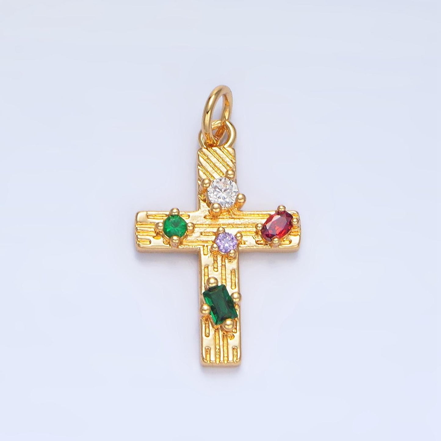 Cz multicolor religious cross line textured 24k gold filled charm | x-821