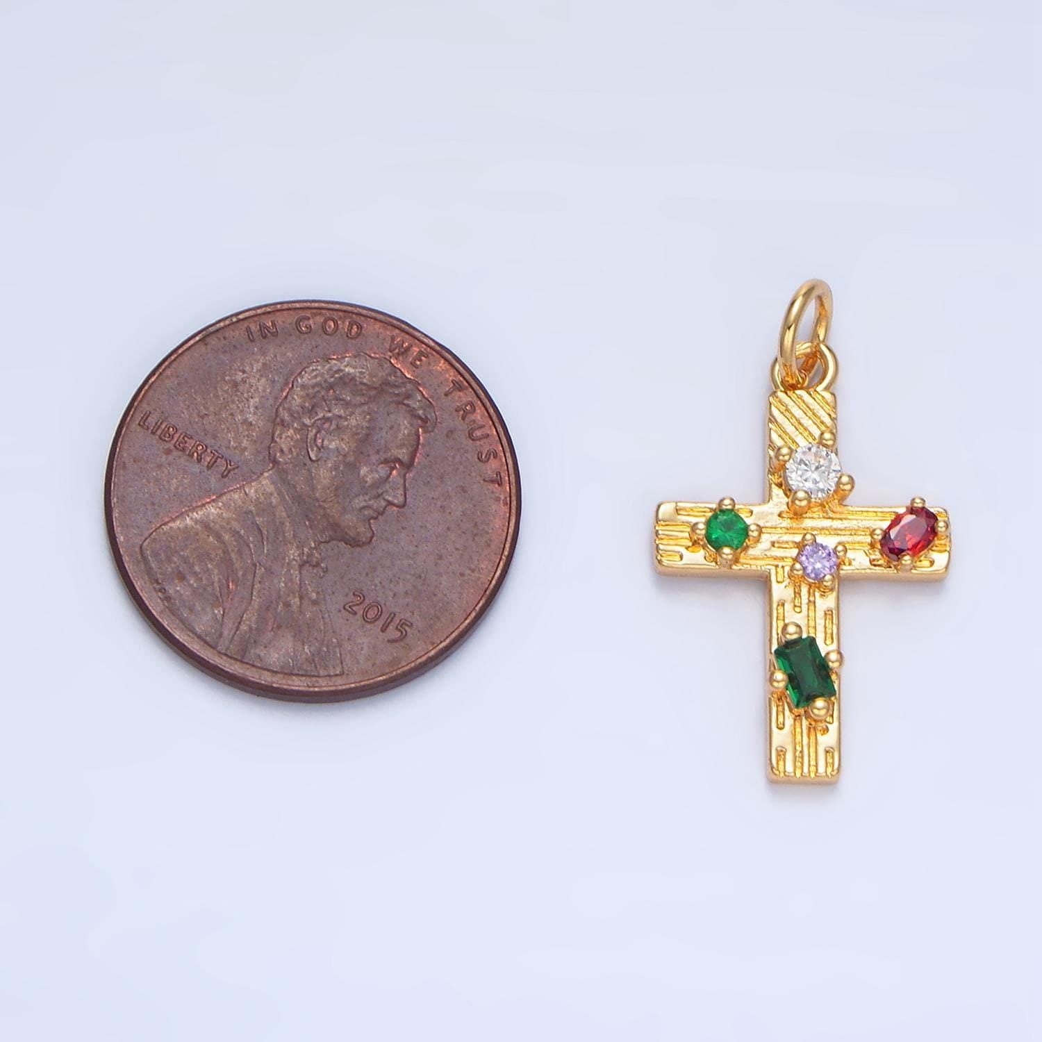 Cz multicolor religious cross line textured 24k gold filled charm | x-821