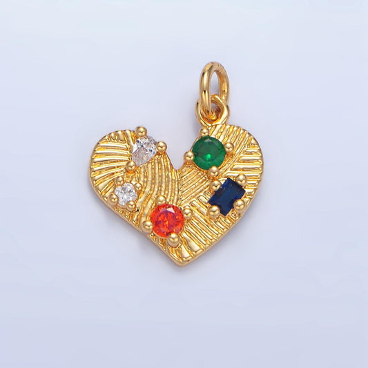 Multicolor cz line textured heart 24k gold filled charm | x-819