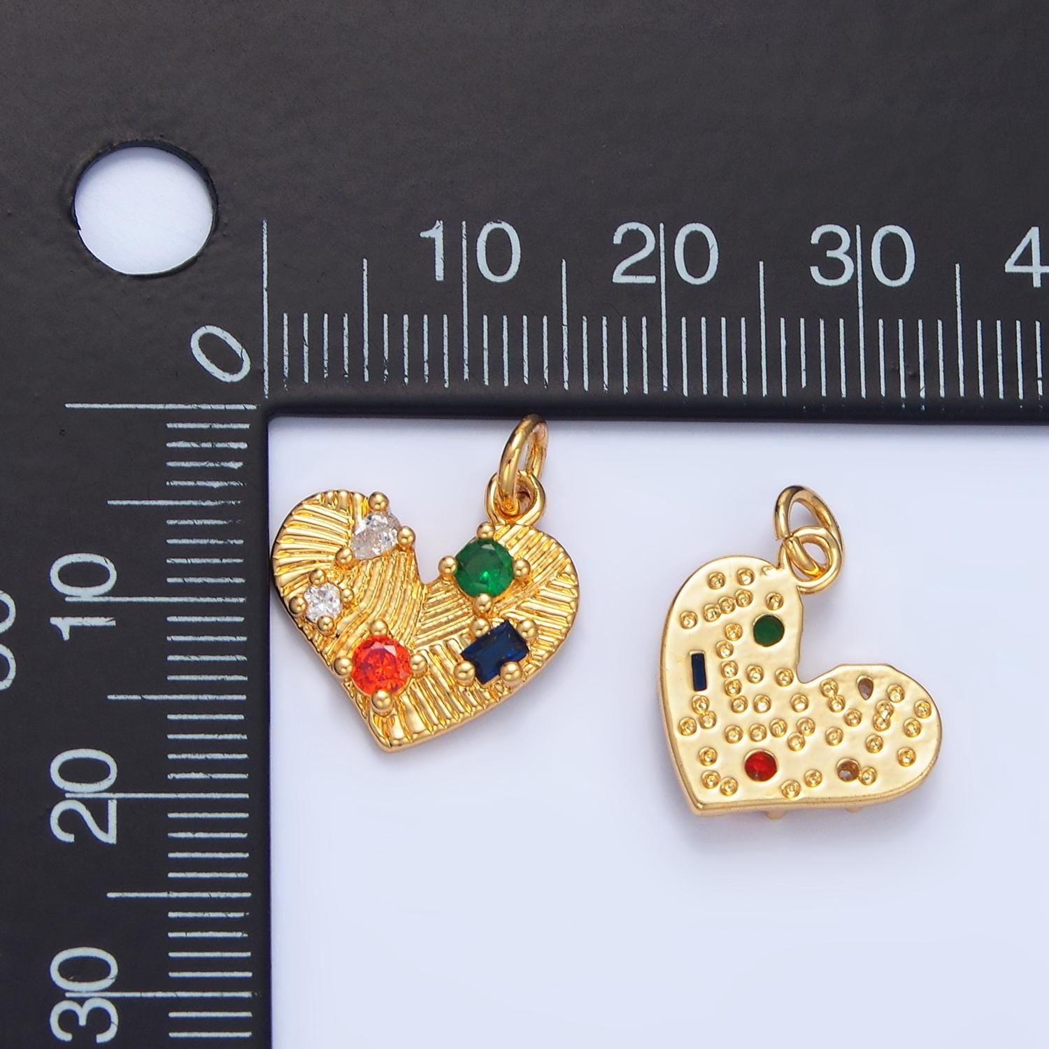 Multicolor cz line textured heart 24k gold filled charm | x-819