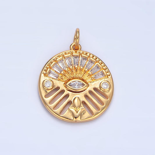 Cz baguette geometric evil eye open bar round 24k gold filled charm | x-803