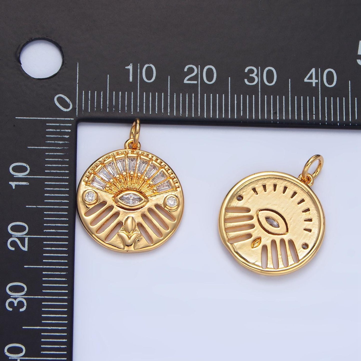 Cz baguette geometric evil eye open bar round 24k gold filled charm | x-803