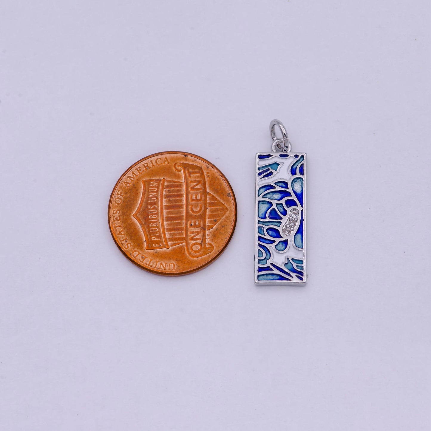 Small silver tag blue enamel leaf flower patterned charm w/ micro cz pave stained glass style pendant diy fashion jewelry | c-331