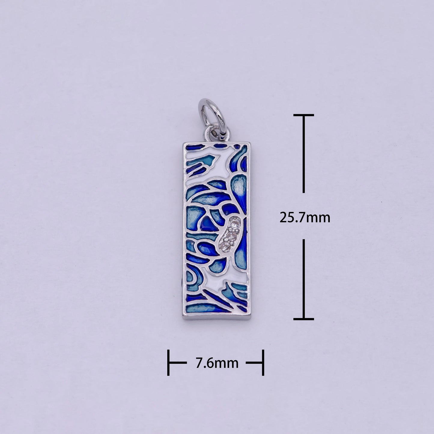 Small silver tag blue enamel leaf flower patterned charm w/ micro cz pave stained glass style pendant diy fashion jewelry | c-331