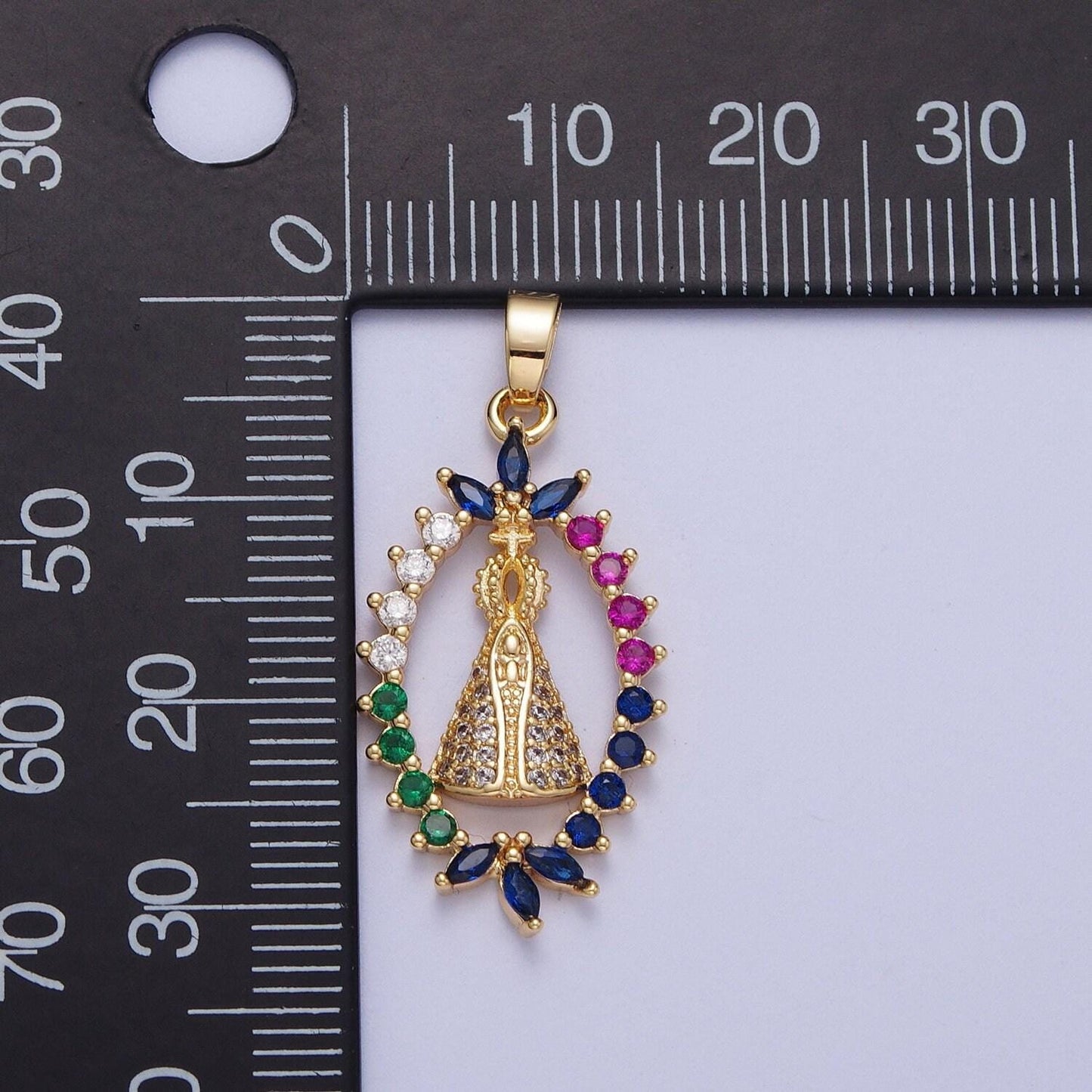 Gold cz religious nossa senhora aparecida pendant 24k gold plated micro paved marquise cut colorful cz religious cross | x-699