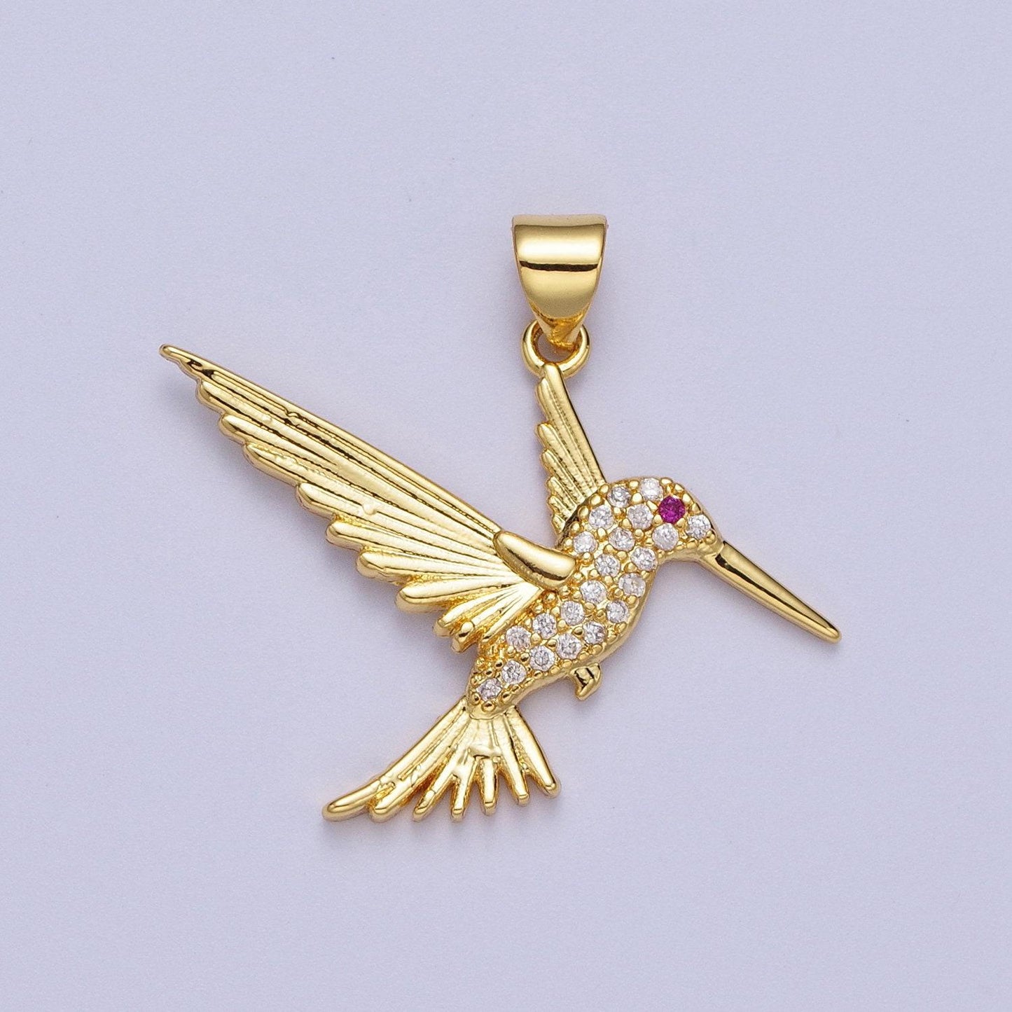 Gold cz flying white stork pendant, 24k gold filled fuchsia eyed clear micro paved cz long beak birds charm | x-684