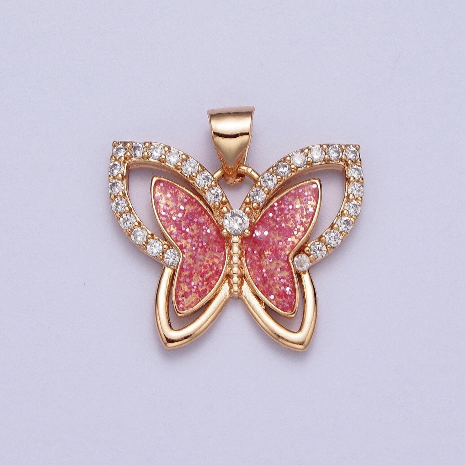 Gold grapefruit pink butterfly pendant, 18k gold plated clear micro paved cz sparkly pink butterflies mariposa charm | x-683